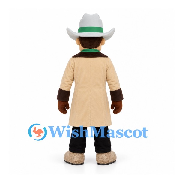 Cowboy Mascot Costume with Cream Long Coat and Green Scarf