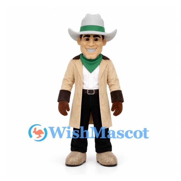Cowboy Mascot Costume with Cream Long Coat and Green Scarf