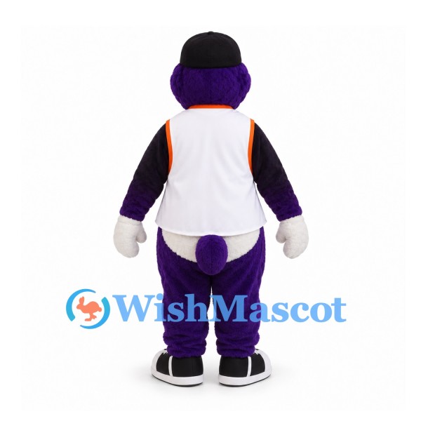 Bird Mascot Costume in Purple with White Baseball Vest and Black Cap