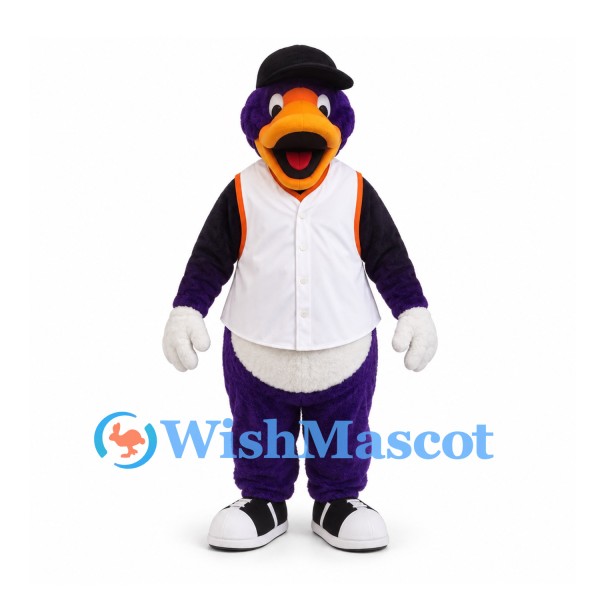 Bird Mascot Costume in Purple with White Baseball Vest and Black Cap