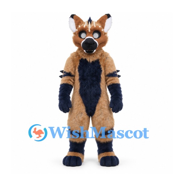 Hyena Mascot Costume in Tan with Dark Stripes and Blue Chest