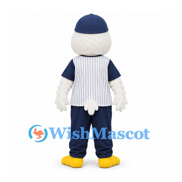 Duck Mascot Costume with White Pinstripe Baseball Shirt and Navy Cap