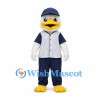 Duck Mascot Costume with White Pinstripe Baseball Shirt and Navy Cap