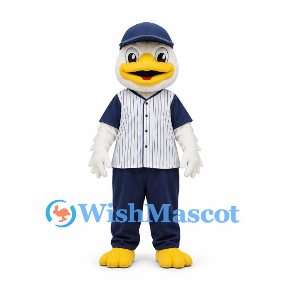Duck Mascot Costume with White Pinstripe Baseball Shirt and Navy Cap