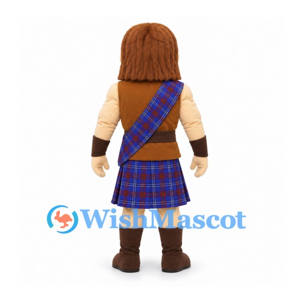 Highland Warrior Mascot Costume with Blue Tartan Kilt and Sash