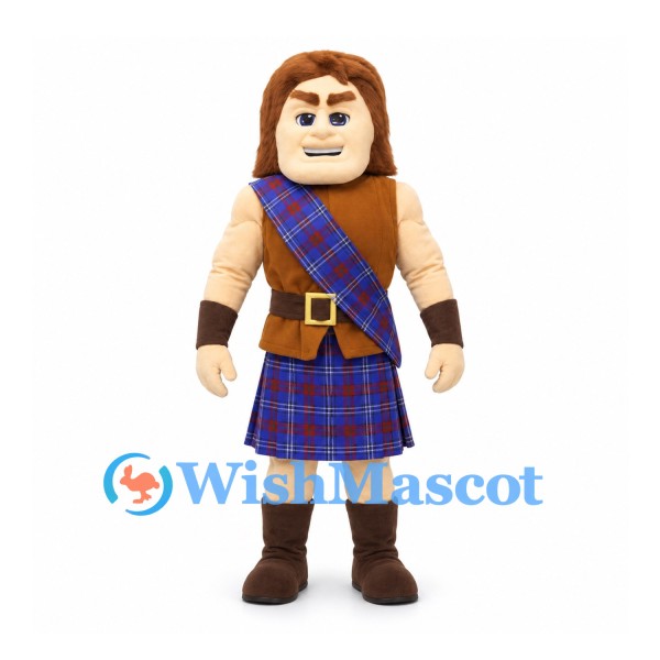 Highland Warrior Mascot Costume with Blue Tartan Kilt and Sash