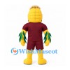 Corn Mascot Costume with Burgundy Sports Uniform and Green Leaf Arms