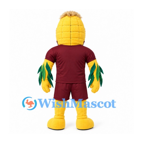 Corn Mascot Costume with Burgundy Sports Uniform and Green Leaf Arms