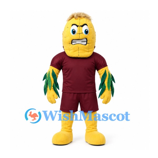 Corn Mascot Costume with Burgundy Sports Uniform and Green Leaf Arms