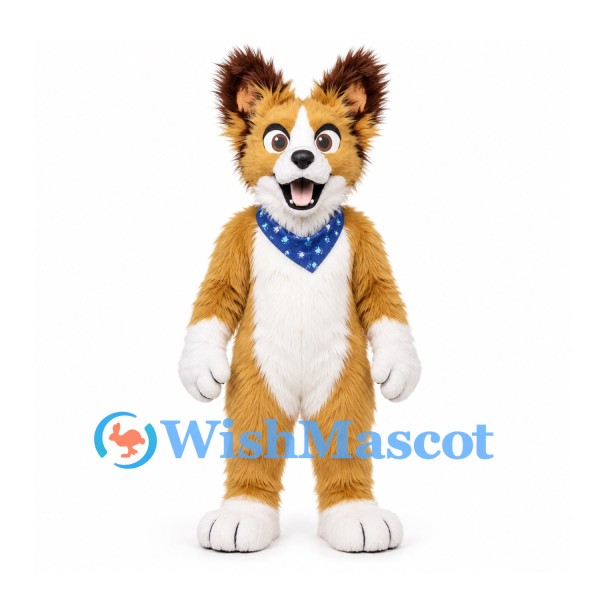 Corgi Dog Mascot Costume with Tan White Fur and Blue Bandanna