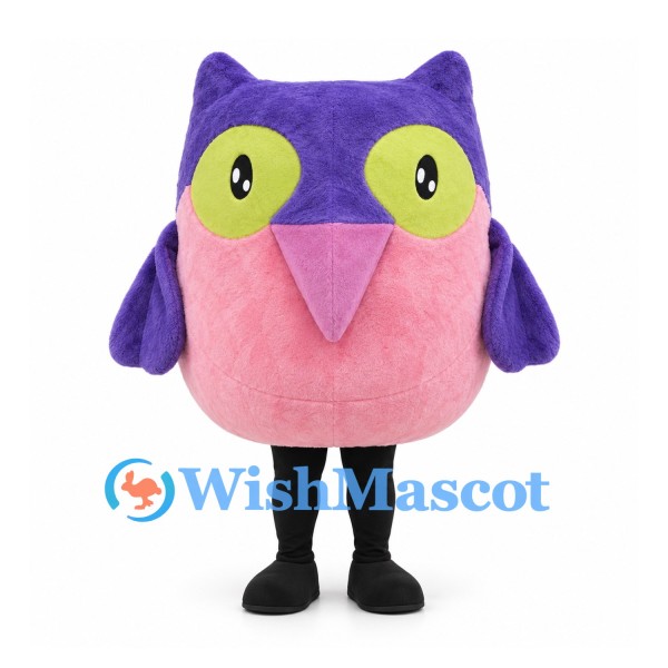 Owl Mascot Costume with Purple Head and Rounded Pink Body