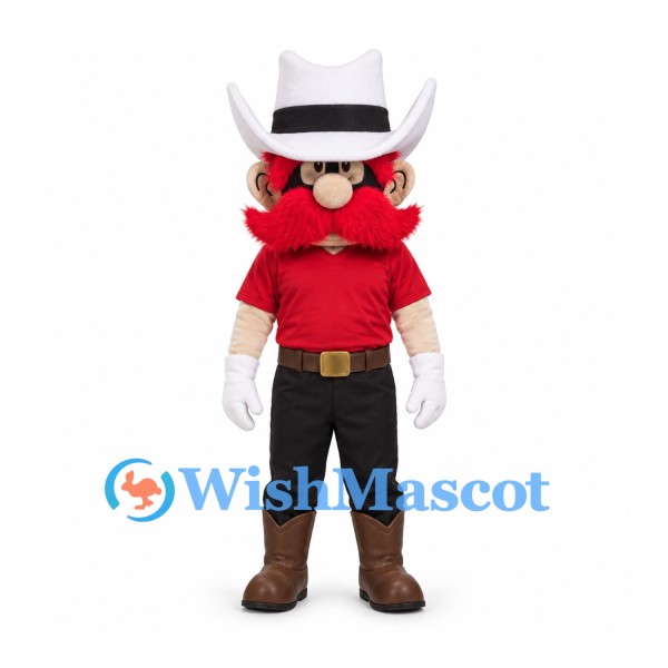 Cowboy Mascot Costume with Large Red Mustache and White Hat