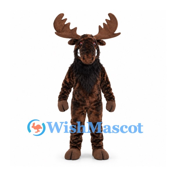 Moose Mascot Costume in Dark Brown with Black Neck Fur and Wide Antlers