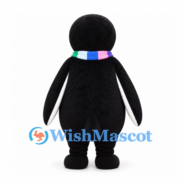 Penguin Mascot Costume with Multicolored Scarf and Blue Bow Tie