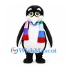 Penguin Mascot Costume with Multicolored Scarf and Blue Bow Tie