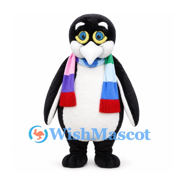 Penguin Mascot Costume with Multicolored Scarf and Blue Bow Tie