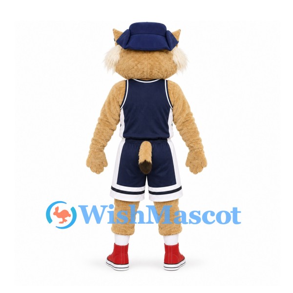 Lynx Mascot Costume with Navy Basketball Uniform and Blue Cowboy Hat