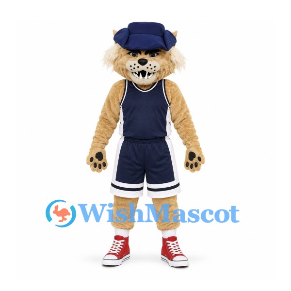 Lynx Mascot Costume with Navy Basketball Uniform and Blue Cowboy Hat