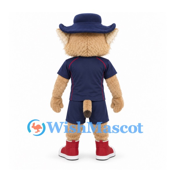 Lynx Mascot Costume with Navy Polo Shirt and Blue Cowboy Hat