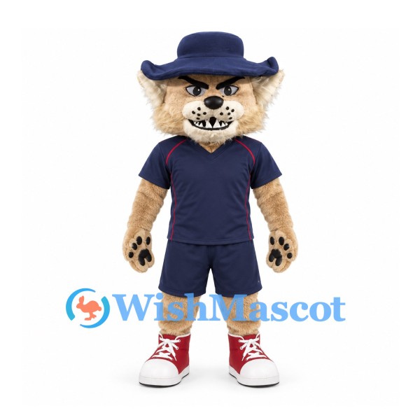 Lynx Mascot Costume with Navy Polo Shirt and Blue Cowboy Hat