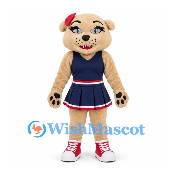 Cat Mascot Costume in Tan with Navy Cheerleader Dress