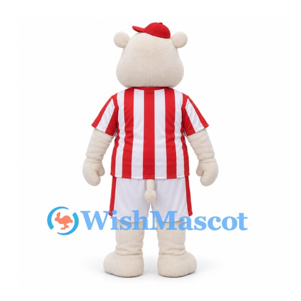 Hippo Mascot Costume in Cream with Red White Striped Soccer Shirt