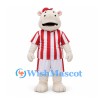 Hippo Mascot Costume in Cream with Red White Striped Soccer Shirt