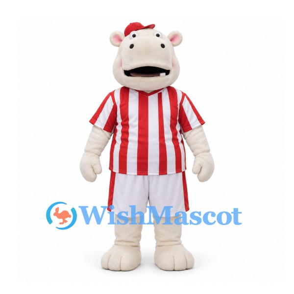Hippo Mascot Costume in Cream with Red White Striped Soccer Shirt