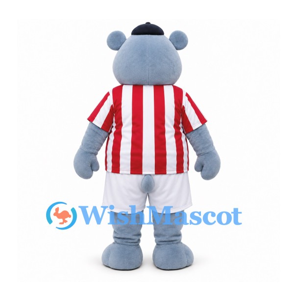 Hippo Mascot Costume in Blue with Red White Striped Soccer Shirt