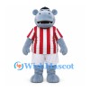 Hippo Mascot Costume in Blue with Red White Striped Soccer Shirt