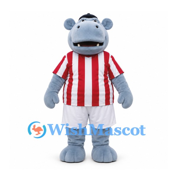 Hippo Mascot Costume in Blue with Red White Striped Soccer Shirt