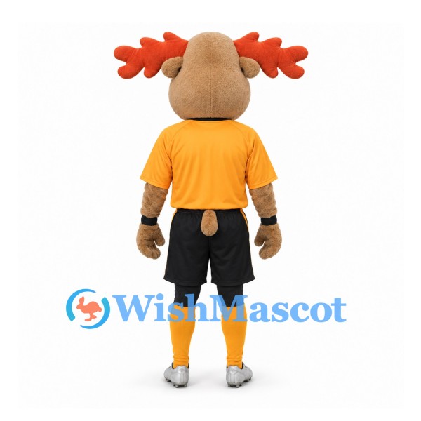 Moose Mascot Costume with Orange Sports Shirt and Black Shorts