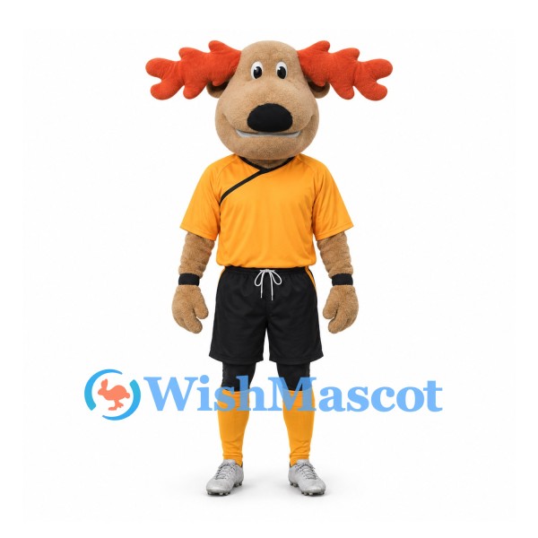 Moose Mascot Costume with Orange Sports Shirt and Black Shorts
