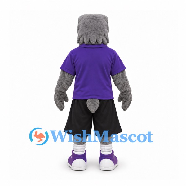 Eagle Mascot Costume in Gray with Purple Shirt and Black Shorts