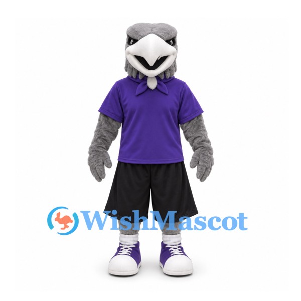 Eagle Mascot Costume in Gray with Purple Shirt and Black Shorts