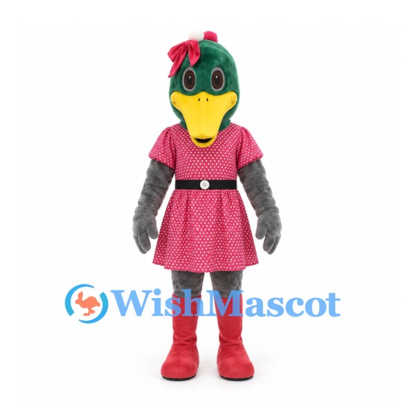Duck Mascot Costume with Green Head and Pink Polka Dot Dress