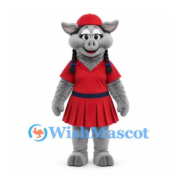 Pig Mascot Costume in Gray with Red Tennis Dress and Cap