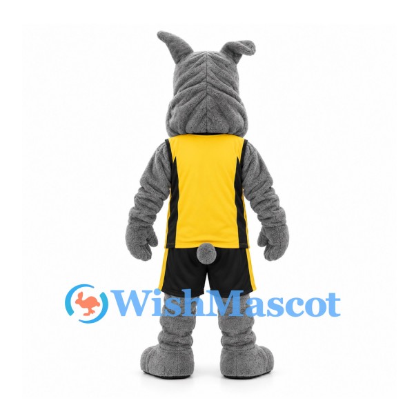 Bulldog Mascot Costume in Gray with Yellow Black Sports Uniform