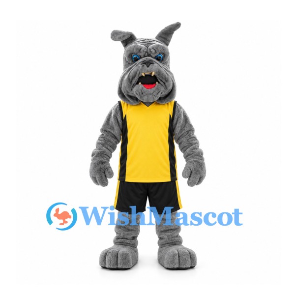 Bulldog Mascot Costume in Gray with Yellow Black Sports Uniform