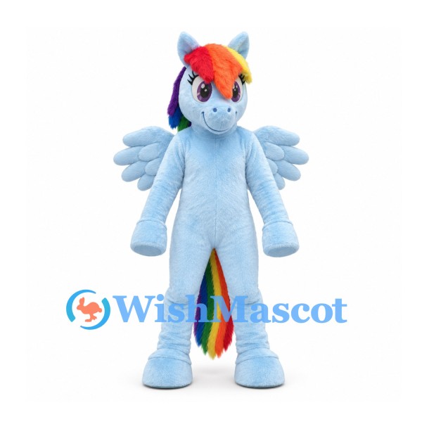 Pegasus Mascot Costume in Blue with Rainbow Mane and Tail