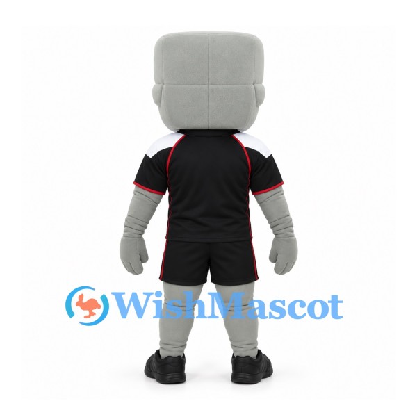 Tiki Warrior Mascot Costume with Gray Mask and Black Sports Uniform