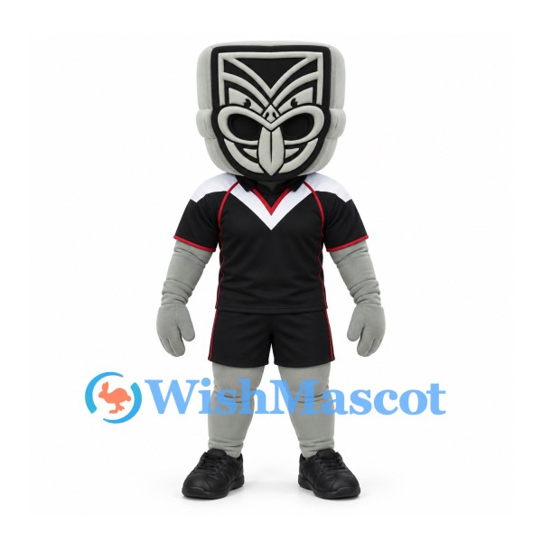 Tiki Warrior Mascot Costume with Gray Mask and Black Sports Uniform