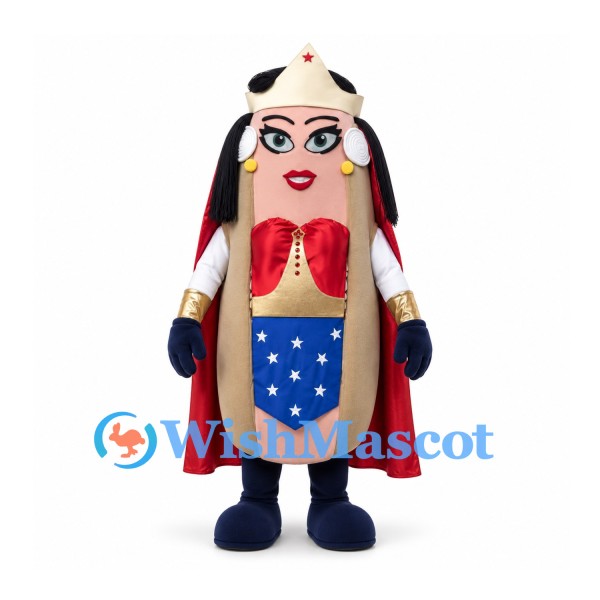 Hot Dog Superhero Mascot Costume with Red Cape and Star Pattern