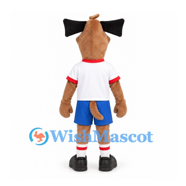 Dog Mascot Costume in Tan with White Shirt and Blue Shorts