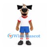 Dog Mascot Costume in Tan with White Shirt and Blue Shorts