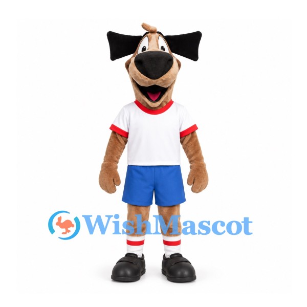 Dog Mascot Costume in Tan with White Shirt and Blue Shorts
