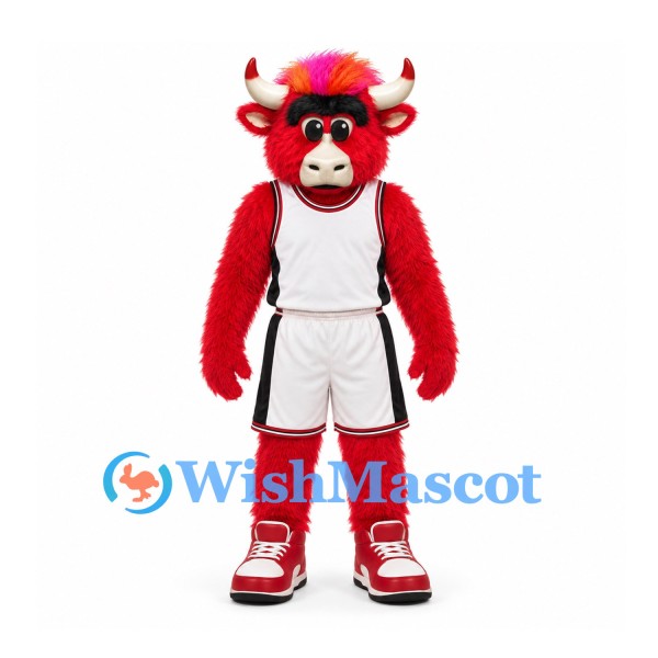 Bull Mascot Costume in Red with White Basketball Uniform