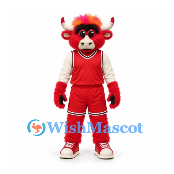 Bull Mascot Costume in Red with Red Basketball Uniform