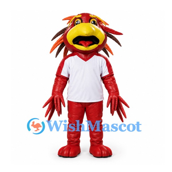 Bird Mascot Costume in Red with Spiky Head Feathers and White Shirt