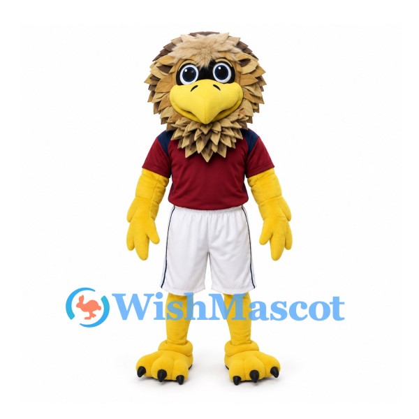 Eagle Mascot Costume with Layered Tan Feathers and Burgundy Shirt